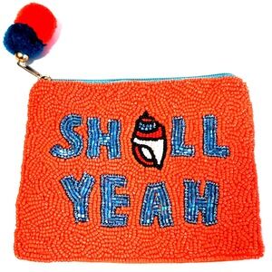Shell Yeah Beaded Coin Purse from Nu Shuz Coral/ Blue w/ Pom Pom Orange Zipper
